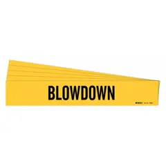 Yellow adhesive pipe marker with black 'Blowdown' legend, designed for pipes with outer diameters from 2-1/2 to 7-7/8 inches. Sold in a 5-pack with one marker per pack. Used to identify blowdown piping systems in industrial facilities.