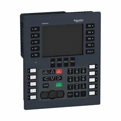 This 5.7-inch TFT color LCD HMI from the Harmony GTO Series operates on 24V DC power. It provides Ethernet and USB connectivity for integration into industrial automation systems. The touch panel is used for machine control and process visualization on factory floors.