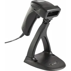 This dark gray corded 2D barcode scanner includes a stand and scanner base. It connects via cable and is suited for scanning barcodes on labels and packages in environments such as hospitality, industrial, and retail settings.