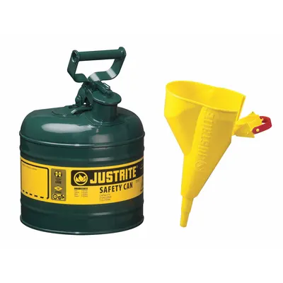 JUSTRITE Type I Safety Can, 2 gal, Powder Coated Steel, Includes Funnel - Oil Safety Cans