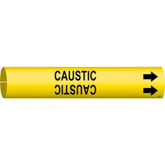 Yellow snap-on pipe marker with black 'Caustic' legend and directional arrows. Fits pipe outer diameter 1-1/2 to 2-3/8 inches. Designed for quick installation without tools to identify pipes carrying caustic substances in industrial piping systems.