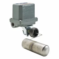 Mechanically alternating side-mounted float switch with DPST-4NC contact configuration. Steel construction, 90° mounting angle, screw clamp terminals, specific gravity 0.85. Suitable for liquid level detection in industrial tanks, pump alternation, or high-level alarm applications.