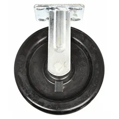 This rigid caster is designed for replacement use on platform trucks, providing straight-line rolling for material handling. It features a phenolic/steel wheel in black with a steel frame, supporting a 750 lb load capacity. Overall dimensions are 7-7/8 in length and 8 in width.