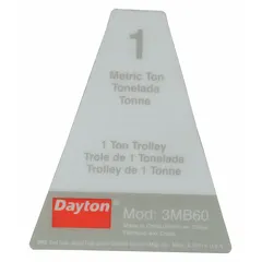 Replacement name plate for Dayton brand material handling equipment, specifically for model 3MB60. Provides essential model and specification information for equipment identification and maintenance. Direct-fit component manufactured by DAYTON.
