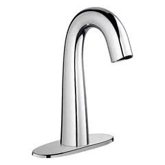 This single-post sensor faucet is constructed of cast brass with a polished chrome finish. It features a centerset design and includes mounting hardware. Suitable for touch-free handwashing in commercial restrooms.