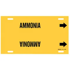 Ammonia strap-on pipe marker designed for clear identification of ammonia lines in industrial piping systems. Fits pipe outer diameter 8 to 9-7/8 inches. Includes English text with directional arrows. Single marker per pack.