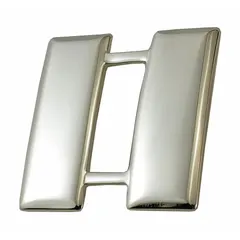 Metallic rank insignia for Captain, featuring smooth bars design in silver finish. Constructed of metal with pin and safety catch attachment. Measures 1 inch. Used on military, law enforcement, or ceremonial uniforms to denote rank.