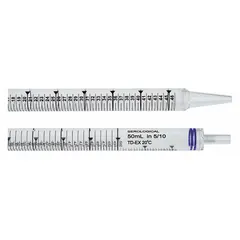 This sterile plastic serological pipette has a 50 mL capacity with 0.5 mL graduation increments for precise liquid measurement. Individually wrapped to maintain sterility, it is suitable for aseptic liquid handling in cell culture, media dispensing, and serial dilution procedures.