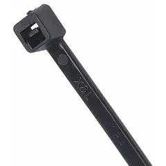 Black nylon cable ties for bundling and securing wires, cables, or hoses. Each tie has a 0.14-inch width and a 3-inch maximum bundle diameter. Suitable for outdoor use with UV resistance. Supplied in a 500-piece pack.