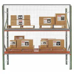 This heavy-duty welded-frame wire mesh back guard is designed for use on pallet rack aisles to help contain stored items and prevent them from falling into walkways. Constructed from 8-gauge steel with a powder-coated gray finish, it measures 120 inches in width, 1 inch in depth, and 60 inches in height. Hardware is not included.