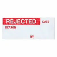 Red/white rectangular matte vinyl cloth inspection label, 1 1/2 in wide by 5/8 in high, for indoor use. Pack of 25. Used to mark equipment as inspected or tested in industrial environments