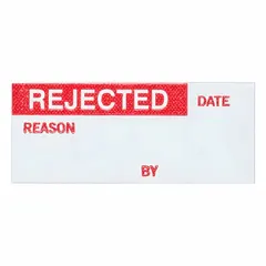 Red/white rectangular matte vinyl cloth inspection label, 1 1/2 in wide by 5/8 in high, for indoor use. Pack of 25. Used to mark equipment as inspected or tested in industrial environments.
