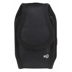 This black clip case holds a cell phone in a vertical orientation and includes a holster. It is weather resistant and universally compatible with any brand or model of cell phone. Suitable for outdoor or industrial use where protection from moisture is required.