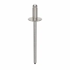 Large flange blind rivet with 0.122" diameter and 1.607" overall length. Body length is 5/16" and overall length is 1 39/64". Supplied in a 500-piece pack. Suitable for fastening sheet metal, plastics, and composite materials in industrial assembly, automotive, and HVAC applications.