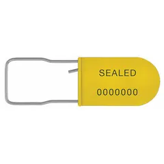 Yellow plastic padlock seal with a 1 3/16 in metal hasp and 100 lb breaking strength. Features black sequential numbering and 'Sealed' marking. Used for securing containers, cabinets, and meters to indicate tampering in logistics, utility, and industrial applications.