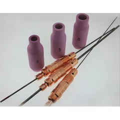 This collet body kit is designed for use with 18/26 Series TIG torches. It includes a tungsten electrode for securing and aligning the electrode during welding. The kit supports standard TIG welding setups for stable arc performance.