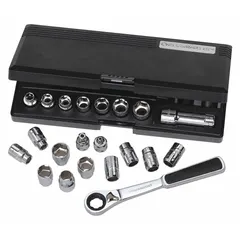 Socket set with pass-through design for fastening and loosening nuts and bolts on long threaded rods. Includes SAE and metric sockets with drive tools for use in automotive repair, machinery maintenance, and general assembly.