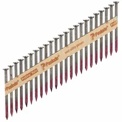 Collated metal connector nails designed for fastening metal connectors, joist hangers, and framing hardware in wood construction. Each nail is 2 1/2 inches long with a flat, smooth steel shank and diamond point for secure, flush-driven connections. Supplied in a 2,500-count pack with plain finish.
