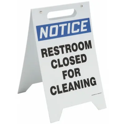 CONDOR Floor Sign: Plastic, 20 in x 12 in x 1/4 in Nominal Sign Size, Not Retroreflective - Notice: Restroom Closed For Cleaning Folding Signs