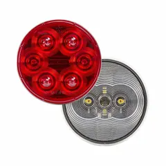 LED stop, turn, and tail combination light with red/white round lens and permanent grommet mount. Complies with DOT/SAE standards J2040, J2261, and J593. Features a PL-3 connector for electrical connection. Suitable for use on trailers, trucks, and heavy equipment requiring road-legal lighting.