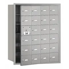 Horizontal multi-unit mailbox with 24 lockable front-access doors, designed for recessed mounting. Measures 35 1/4 in H x 29 1/4 in W x 16 1/2 in D. Suitable for organized mail distribution in multi-tenant buildings, offices, or apartment complexes.