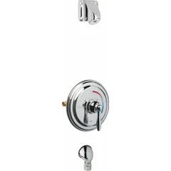 This shower faucet includes a fixed showerhead made of brass with a chrome-plated finish. It delivers a flow rate of 2 gpm. Suitable for use in shower installations where a fixed showerhead is desired.