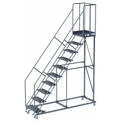 This assembled steel manual-lock ladder features a 6.7 ft platform height and a 32 in x 80 in footprint. The perforated platform and included handrails provide stable access for elevated tasks. Suitable for industrial maintenance, warehousing, and assembly applications.