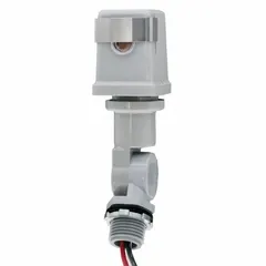 Thread stem photocell mounting accessory for adjustable stem-mounted photocells with swivel arms. Features a 1/2-inch stem diameter, SPST switching, and operates on 208-277V AC. Includes a lock nut for secure installation. Used for automatic outdoor lighting control.