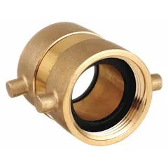 This brass swivel adapter connects fire hoses to hydrants or standpipes using NH x NH straight threads with pin lugs. It is used in fire protection systems and municipal water supply for a secure 1-1/2 in connection.