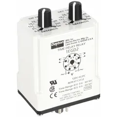 This socket-mounted time delay relay from Dayton is rated for 10 A at 120V AC/DC and features 8 pins/terminals. It is a single-function device commonly used in industrial control panels for applications such as HVAC, conveyor systems, and pump sequencing.