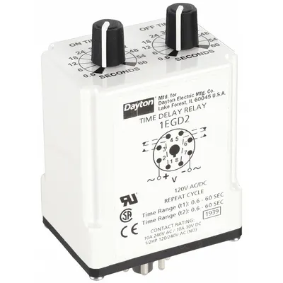 Dayton Single Function Time Delay Relay: Socket Mounted, 120V AC/DC, 10 A - Socket-Mounted Relays