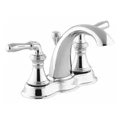Centerset bathroom faucet with low arc spout from the Devonshire series. Constructed of brass with a chrome finish. Flow rate of 1.2 gpm. Includes tailpiece. Suitable for residential and commercial lavatory sinks.