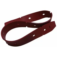 This TENNANT front squeegee blade is a polyurethane replacement part for floor cleaning machines. It measures 5 5/8 inches in overall length and 3 3/8 inches in overall width, in red. Used to wipe water and debris from floors during scrubbing, it helps leave a dry, clean path behind the machine.