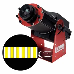 This 300 W LED safety walkway projector includes a lens and image template that projects a white and yellow zebra cross legend. The yellow laser color and white/yellow background create a high-contrast marking for pedestrian walkways and hazard zones. Mounting brackets are included for installation on ceilings or walls. Typical applications include marking safety pathways and restricted areas in industrial facilities.