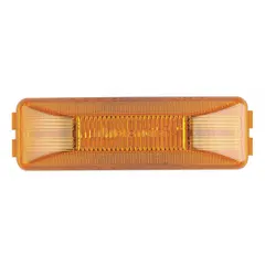 LED clearance marker light with rectangular surface-mount base and amber lens. Features IP67 rating, lead wire connector, and SAE P2 compliance. Used on vehicles and equipment to indicate width and height boundaries.