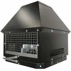 Roof-mount exhaust draft inducer for furnaces, suitable for solid fuel fireplace applications. Features a stainless steel wheel, permanent split capacitor motor, and manual speed control. Operates on 115V AC, 1.2 A. cETL Listed.