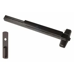 Bronze rim exit device with touchbar style, suitable for doors up to 4 ft wide. Features a night latch outside trim and is ADA compliant. Used in commercial buildings for secure egress.