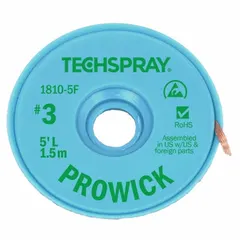 Rosin flux desoldering braid for removing solder from electronic assemblies. Size #3, 0.075 inches wide, 5 feet long. Green color. ESD-safe construction protects sensitive components during rework.