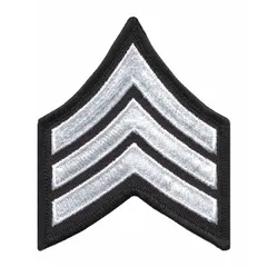 Embroidered rank insignia patch for identifying the Sergeant rank on uniforms. Measures 3 inches with white embroidery on a black background. Constructed from a polyester/rayon blend. Supplied as a pair (1 PR) for attachment to garments, caps, or tactical gear.