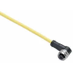 Single-ended cordset with a 1/2"-20 female straight connector and bare wire termination. Features 3 pins, 18 AWG wire, 5 m yellow PVC cable, 4 A max current, and IP65 rating. Used to connect industrial sensors to controllers or power supplies in automation systems.