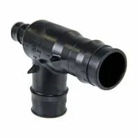 This expansion polymer barbed tube fitting features a tee configuration with four barbed connections. It is used to create branch connections in piping systems, suitable for applications such as hydronic heating and potable water distribution. The fitting utilizes an expansion PEX connection method