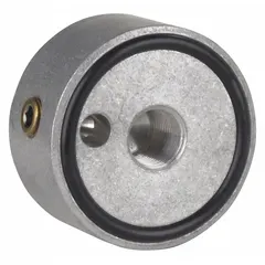 Steel adapter for connecting oil pressure testing equipment to engines. Measures 2 45/64 in length, 2 45/64 in width, and 1 13/64 in height. Used in automotive and industrial maintenance for oil pressure diagnostics.