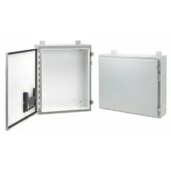 This steel enclosure measures 42 x 36 x 8 inches and is rated NEMA 12/13 for protection against dust, dirt, and non-corrosive liquids. It features a solid hinged cover secured with clamps and does not include knockouts. Suitable for housing electrical controls and instruments in industrial environments.
