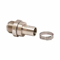 Swivel connector with aluminum/stainless steel body, 3/4 in BSPM male inlet and 3/4 in male hose barb discharge. Chemically compatible with DEF. Used in DEF dispensing systems to prevent hose kinking and allow rotation at connection points.