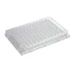Multiple well plate with 96 square wells, each 0.37 mL capacity, made of natural polystyrene. Measures 85 mm in diameter. Non-sterile and not RNase/DNase free. Used for high-throughput sample processing, storage, and assay preparation in laboratory settings.
