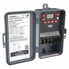This TORK digital timer switch provides 24-hour scheduling for lighting or equipment control. It features a single-pole single-throw (SPST) configuration and operates on 120-277V AC. The plastic-bodied unit is surface-mounted and rated for outdoor use in applications such as parking lots, signage, or security lighting.