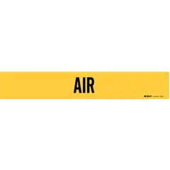 Yellow adhesive pipe marker with black 'Air' legend for identifying air piping systems. Fits pipe outer diameters from 2-1/2 to 7-7/8 inches. Supplied as a single marker without directional arrows. Suitable for industrial facility pipe identification.