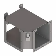 Tee fitting for dust-tight wireway systems, used to create T-shaped junctions in cable routing. Constructed of steel with a top-mounted hinged cover secured by quick-release latches. Dimensions: 6 in width, 6 in height, 12 in length. No knockouts provided.