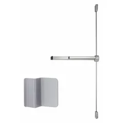Rim-type exit device with touchbar style for doors up to 3 ft wide. Constructed of aluminum with a dummy pull outside trim. ADA compliant. Suitable for use on commercial doors requiring panic hardware.