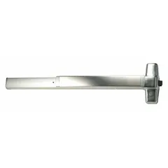 Rim-type exit device with touchbar style for doors up to 4 ft wide. Chrome finish with night latch outside trim. ADA compliant. Suitable for commercial egress applications requiring push-pad operation.